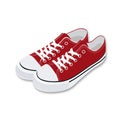 A pair of red textile sneakers with rubber toe and lacing. Hand print with outline. Shoes for sports and recreation. Royalty Free Stock Photo